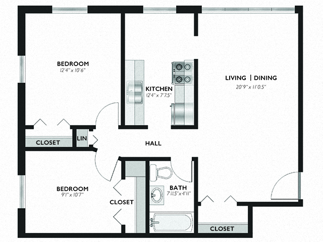 Floor plan for 2 beds, 1 bath, 708 sqft